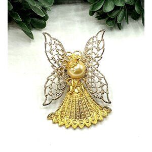 Vintage Gold and Silver Tone Angel Pin Brooch With Pearl Accent and Intricate Wi